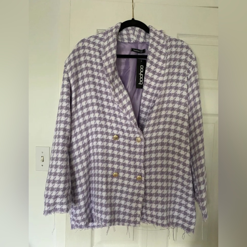 DOGTOOTH WOVEN DOUBLE BREASTED BOXY BLAZER